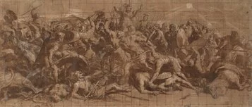 Guillaume Courtois [il Borgognone] (1628–1679), La Battaglia di Giosuè a Gabeon, ante 1657. Penna, inchiostro bruno acquerellato, rialzi in biacca, quadrettatura a penna.