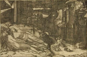 Marcantonio Raimondi, Il sogno di Raffaello, 1508 c.Bulino, 238 x 335 mm, Venezia, Fondazione Musei Civici, Gabinetto dei Disegni e delle Stampe