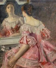 Pietro Gaudenzi, Signora allo specchio in costume rosa, 1928 c., Galleria Giannoni, Novara, Ph Centro di documentazione Musei, hottostudio