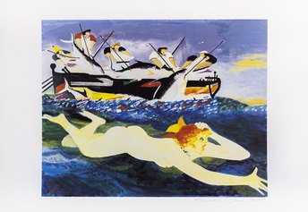 04.Fiume e Gianni Mattò, Mattanza con donnina, 50x70 cm, xilografia, 1989