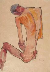 Egon Schiele (1890–1918), Sitzender Männerakt (Nudo maschile seduto), 1910. Matita acquarellata, tempera e carbone.