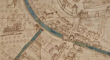 Giovanni Battista Pittoni, La zona industriale di Vicenza con i mulini alla Porta di Pusterla, 1580 (Roma, Biblioteca Angelica)