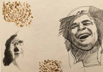Maurizio Pellegrin, Laughing, 1984-2002, matita e stoffa su carta,13x18 cm, parte di Drawings