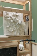 Jacopo Benassi, Untitled , 2021, wood structure, plaster, prints, mirror, fine art print, artist frame, 257×166×105 cm, Courtesy the artist and Francesca Minini, Ph. Andrea Rossetti