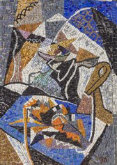 800/900 ART STUDIO. Gino Severini. Nature morte au homard sur plat bleu. 1950 ca., mosaico su cemento, cm 45 x 33
