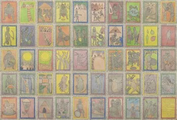 Frédéric Bruly Bouabré, Mitologie Bété. La légende de dedjaneugnon le Paresseux, 1997, 17x13 cm ciascuno, 50 elementi, pastelli colorati e biro su cartoncino. Ph. Iole Carollo