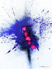 3. Gabriele Maquignaz, Big Bang   Blu Oltremare, calibro 28 e sparo su contenitore acrilico, acrilico su tela, 60 x 80 cm, 2022