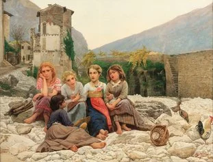 Noè Bordignon 
Ragazze che cantano nella valle 
1878 
olio su tela, 91 x 118 cm 
Milano, Galleria Enrico,Milano