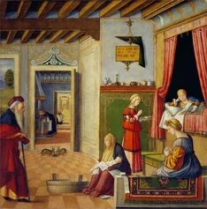 Vittore Carpaccio: Nascita della Vergine, ca. 1502/1503, olio su tela, 128,5 × 127,5 cm. Bergamo, Accademia Carrara