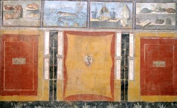 Parete in IV stile con Nature Morte (xenia), Pompei, Praedia di Iulia Felix, Reg. II, 4, 3, tablino (92), parete sud affresco, cm 298 x 447, I secolo d.C. 2
