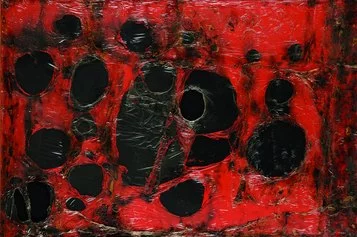 Alberto Burri, Rosso Plastica M3, 1961, Plastica, combustione su tela, 121,5 x 182,5 cm. ©Fondazione Palazzo Albizzini Collezione Burri.