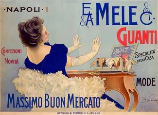 Aleardo Villa E. A. Mele Guanti 1898 ca cromolitografia su carta 104 x 1455 cm. Museo Nazionale Collezione Salce Treviso