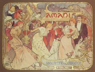 Alfons Mucha, Les Amants (1895; Litografia a colori, 106,5x137 cm) © Mucha Trust 2023