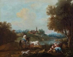 F.Zuccarelli, Paesaggio con villani al torrente, coll.privata