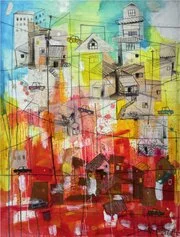 Salifou Lindou, Les Collines rouges, 2018 pastello, acrilico, collage su tela 130 x 100 cm, courtesy Museo Ettore Fico