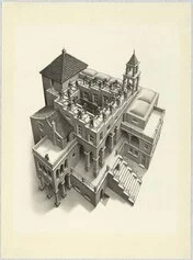 Maurits Cornelis Escher: Salire e scendere, 1960, Litografia, 355x285 mm. Collezione M.C. Escher Foundation, Paesi Bassi All M.C. Escher works © 2023 The M.C. Escher Company. All rights reserved www.mcescher.com
