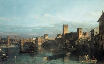 Bernardo Bellotto, Mulini galleggianti sull’Adige vicino a Castelvecchio e al Ponte Scaligero, 1745 ca. (Verona, Fondazione Cariverona)