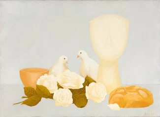 Bice Brichetto, Due Colombe con Magnolie, olio su tela, 76x100 cm. Ph. Fabio Fantini