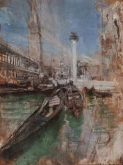 Boldini Gondole davanti a Piazza San Marco, 1895 circa, olio su tavola, 35x245 cm.