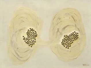 Carol Rama, L'isola degli occhi, 1967, Occhi di plastica, resina sintetica e smalto su tela, 120 x 160 cm, collezione privata