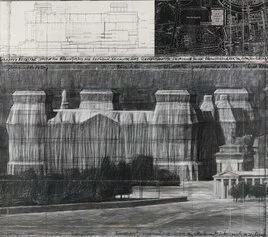 Christo Wrapped Reichstag (Project for Berlin), 1986, matita, pastello, carboncino, pastello a cera e mappa su cartone, cm 145x165