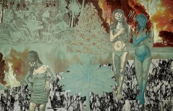 Elisa Zadi, Bruciare Illusioni 2023, olio epigmento su tessuto, frottage e collage, cm 145x225.