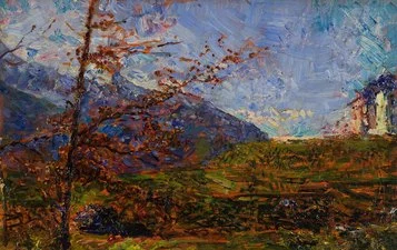 Enrico Cavalli, Paesaggio Alpino. 1884, olio su tavola 18x28 cm