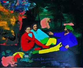 Paolo Manazza
Et voilà les premiers citoyen-consommateurs, À gauche l'esprit renaissant
peinture à l'huile, pigments et laques sur photo, technique mixte sur forex
cm. 114,5x143,5
2023