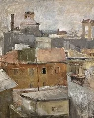 Fausto Pirandello,  Tetti, 1939, olio su tavola, 62 x 50 cm