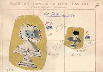 Foglio lavoro con decalcomanie tratte dai disegni della Fini per il catalogo della Società Ceramica Italiana di Laveno Mombello (S.C.I.   anni , '50
