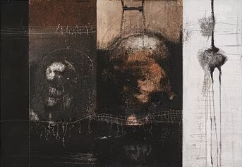 Fulvio Leoncini, Fatti di materia oscura, mista su legno, 70x100 cm