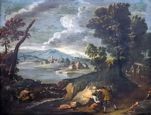 Giuseppe Zola, Paesaggio con cacciatori e viandanti, olio su tela, 97 x 129 cm