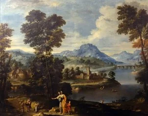 Giuseppe Zola, Paesaggio fluviale con lavandaie e un bambino, olio su tela, 163 x 203 cm