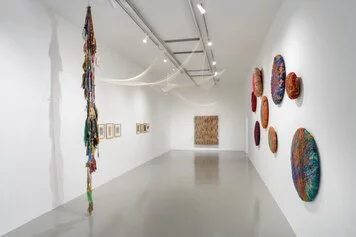Installation view, Sheila Hicks & Nedko Solakov, flying colors in yarn and water, Galleria Massimo Minini, Brescia, November 18, 2023 – February 14, 2024, first room.