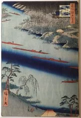 Utagawa Hiroshige, Il battello di Kawaguchi ed il tempio Zenkôji, 1858, Xilografia a colori su carta
Palazzo Maffei Casa Museo -Verona, Collezione Carlon