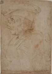 Leonardo da Vinci
Testa caricata e busto di profilo
d’uomo verso sinistra, 1490 circa
Punta metallica, penna e inchiostro
seppia su carta, 153 × 112 mm
Milano, Biblioteca Ambrosiana