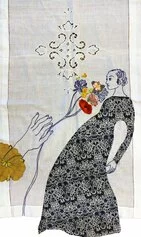 Loredana Galante, Le Portatrici, 2020, ricamo e tessuto su tende antiche, cm 60x176