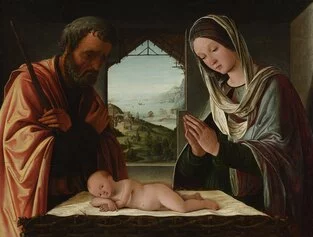 Lorenzo Costa: Natività, c. 1494 Olio su tavola, cm 64,5 x 85,8 Lione, Musée des Beaux-Arts