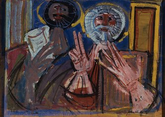 Luigi Spazzapan, Cosma e Damiano benedicenti, 1951, tempera su cartone, 73 x 100 cm