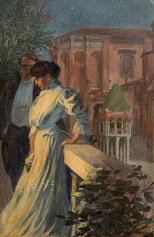 Marcello Dudovich, Autoritratto con Elisa Bucchi in Piazza San Domenico, 1899-1901

olio su tela applicata su compensato, 55,5x36 cm