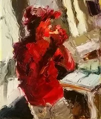 Mario Ferrante, Autoritratto in rosso, con toscanello, 2020, olio su tela cm 30x25