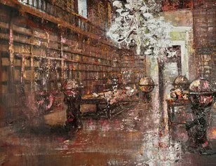 Massimo Giannoni, Biblioteca, 2023. Olio su tela, 100 x 130 cm