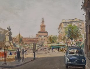 Milano, Largo Cairoli, 1960 olio su cartone telato 50x40