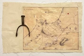 Narda Zapata , Mnemosine #1, , 2023   tecnica mista su lino e staffa del Chaco ( 1932   1935) cm31,5x49x.2