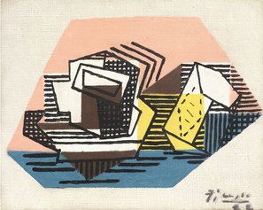 Pablo Picasso, Tasse et paquet de tabac, 1922, olio su tela, cm 19x24