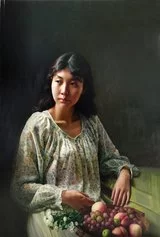 Pan Hu, Girl holding a fruit basket, oil on canvas, 117x80 cm, 2021