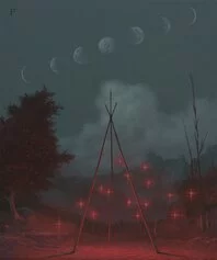 Pibi Paolo, Le lune e il falò, 2024, acrilico su tavola, 30x25cm