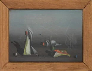 YVES TANGUY, 

POUR KAY..., 1940 Oil on wood, 10.11 × 14.1 × 2.69 cm

Collection of the Pierre and Tana Matisse Foundation