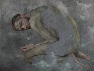 ACCESSO GALLERIA - Sabatino Cersosimo   Are You Hiding From Me,    olio, acrilico e foglia d, ora su truciolare, (2020), 100 x 133,5 cm