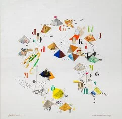 Simonetti, Il multiverso del Giovane Shandy, 2023, collage e tyecnica mista su tela,  cm 80x80